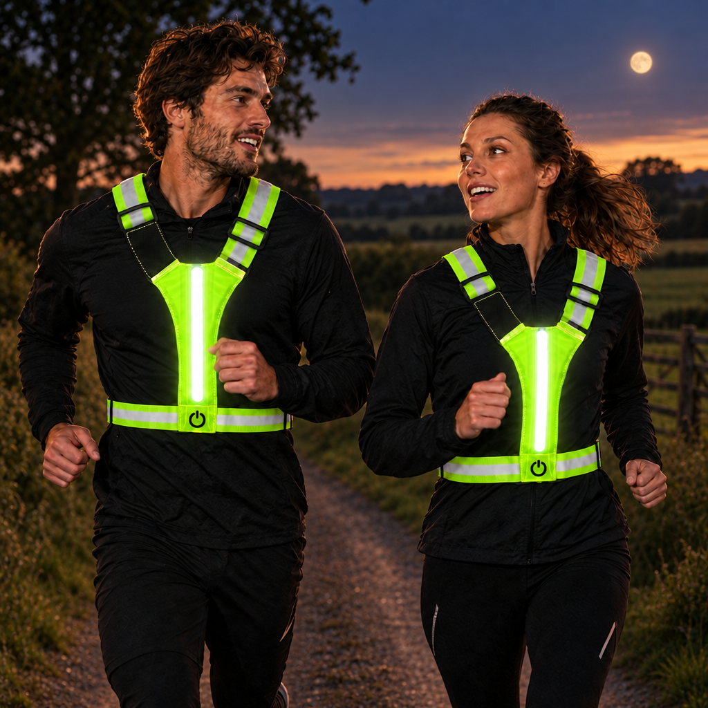 Couple courant la nuit avec le gilet réfléchissant LED Volyane