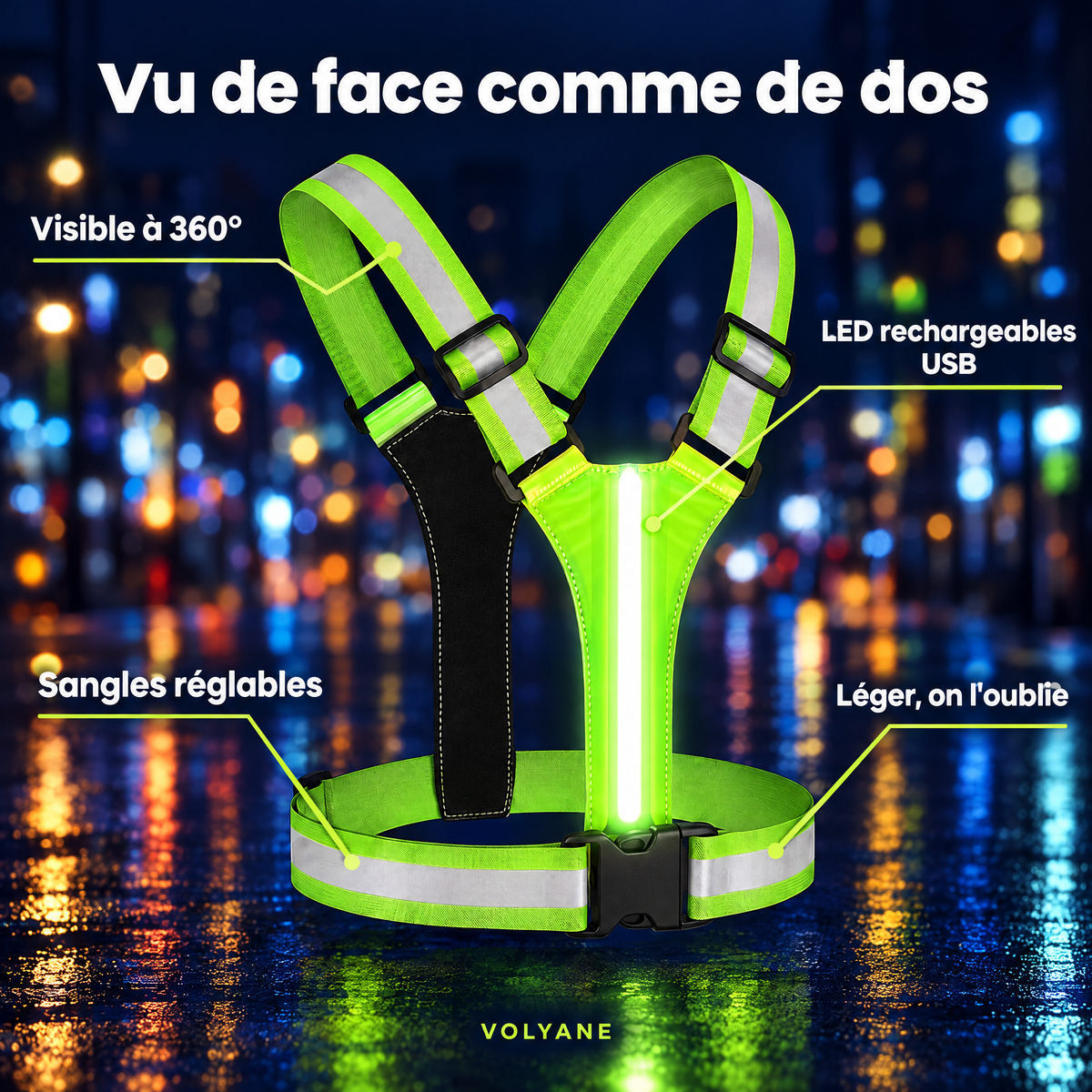 Gilet LED Volyane visible de face comme de dos : 360°, LED rechargeables USB, sangles réglables, léger