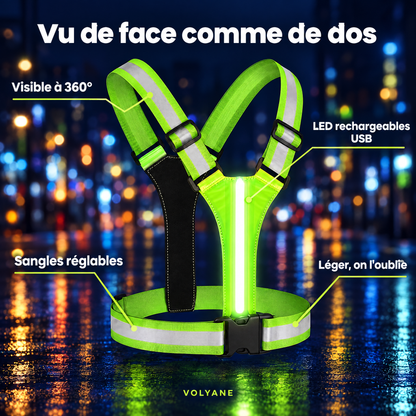 Gilet LED Volyane visible de face comme de dos : 360°, LED rechargeables USB, sangles réglables, léger