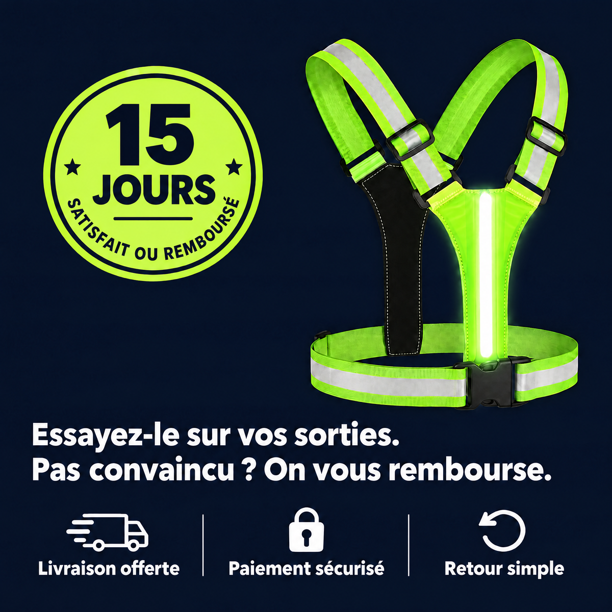 Garantie satisfait ou remboursé 15 jours sur le gilet LED Volyane
