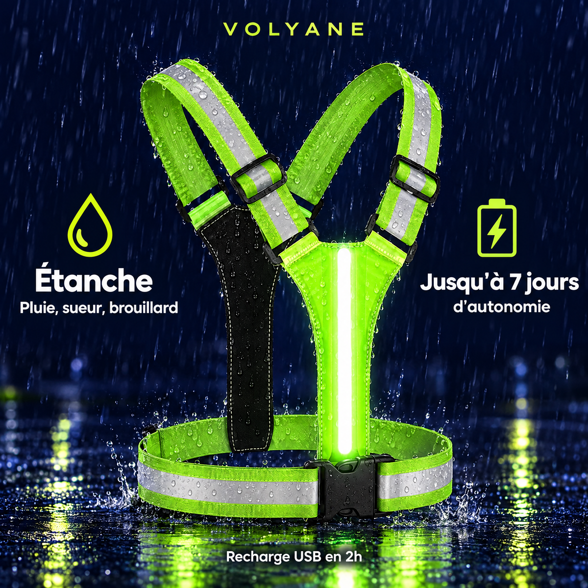 Gilet LED Volyane étanche, jusqu'à 7 jours d'autonomie, recharge USB en 2h