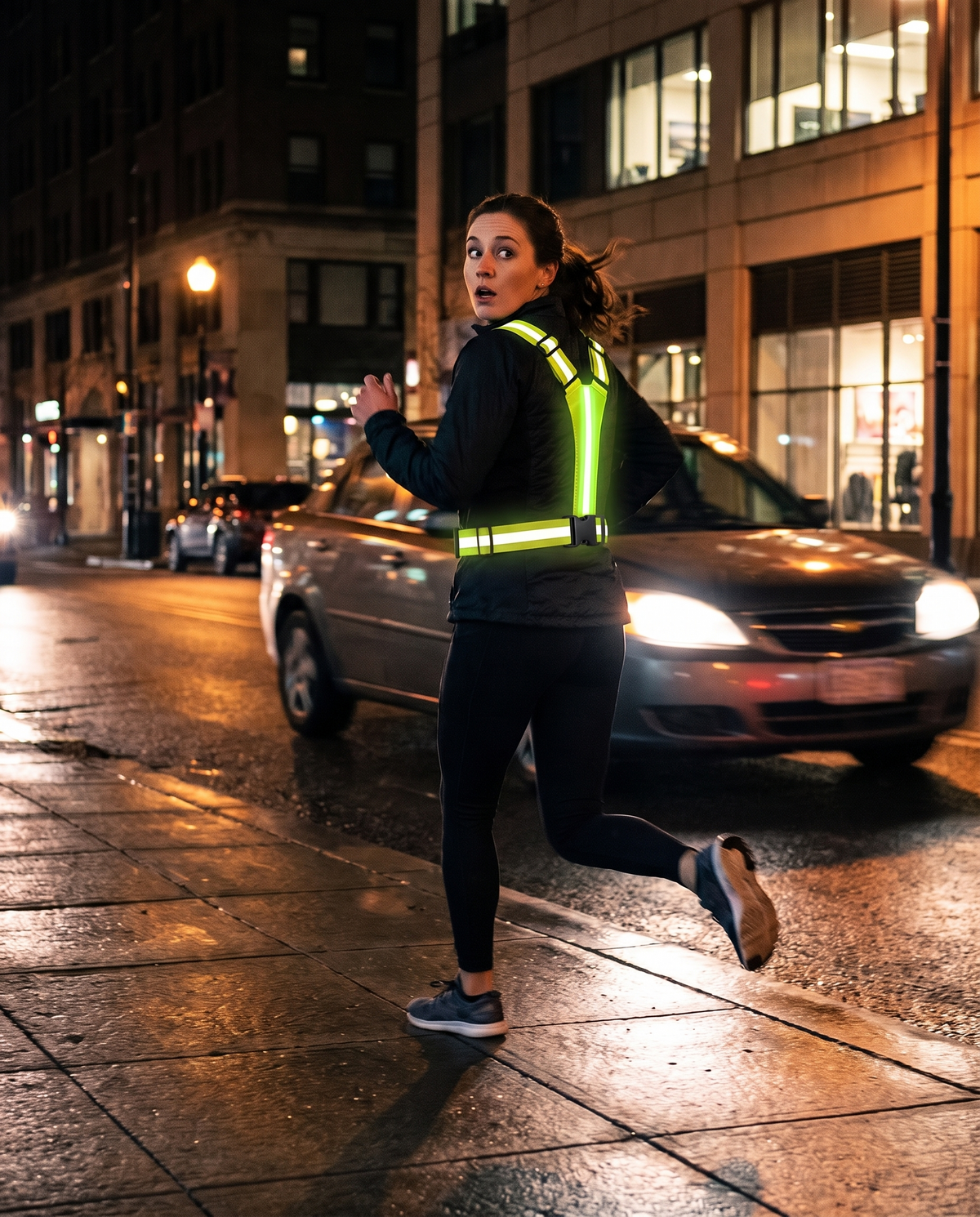Coureuse portant le gilet réfléchissant Volyane de nuit