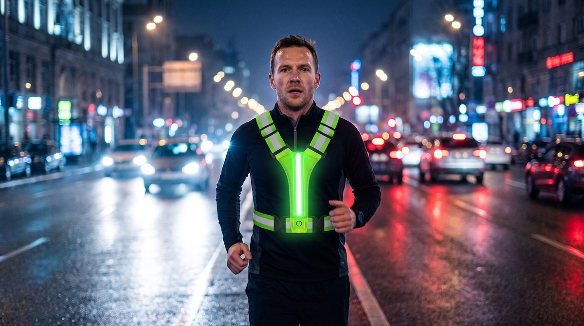 Coureur de nuit portant le gilet reflechissant LED Volyane